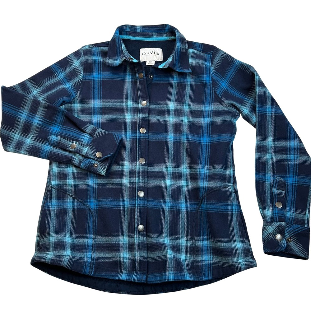 Orvis Mens Plaid Fleece Lined Flannel Shacket Blue Size Small - Heavyweight